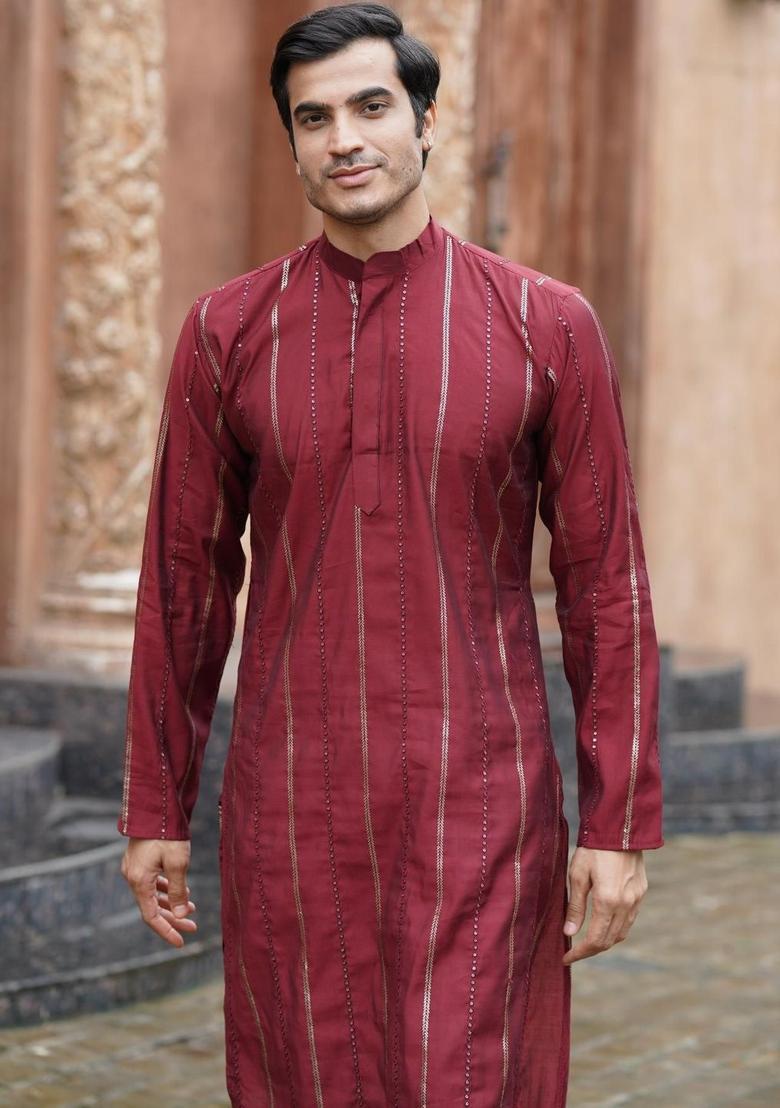 Maroon Striped Cotton Kurta Set For Men - Indya