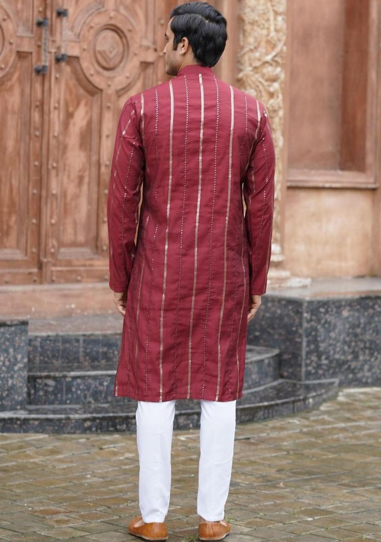 Maroon Striped Cotton Kurta Set For Men - Indya