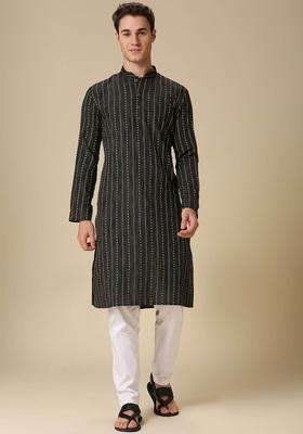 Black Striped Cotton Kurta Set For Men