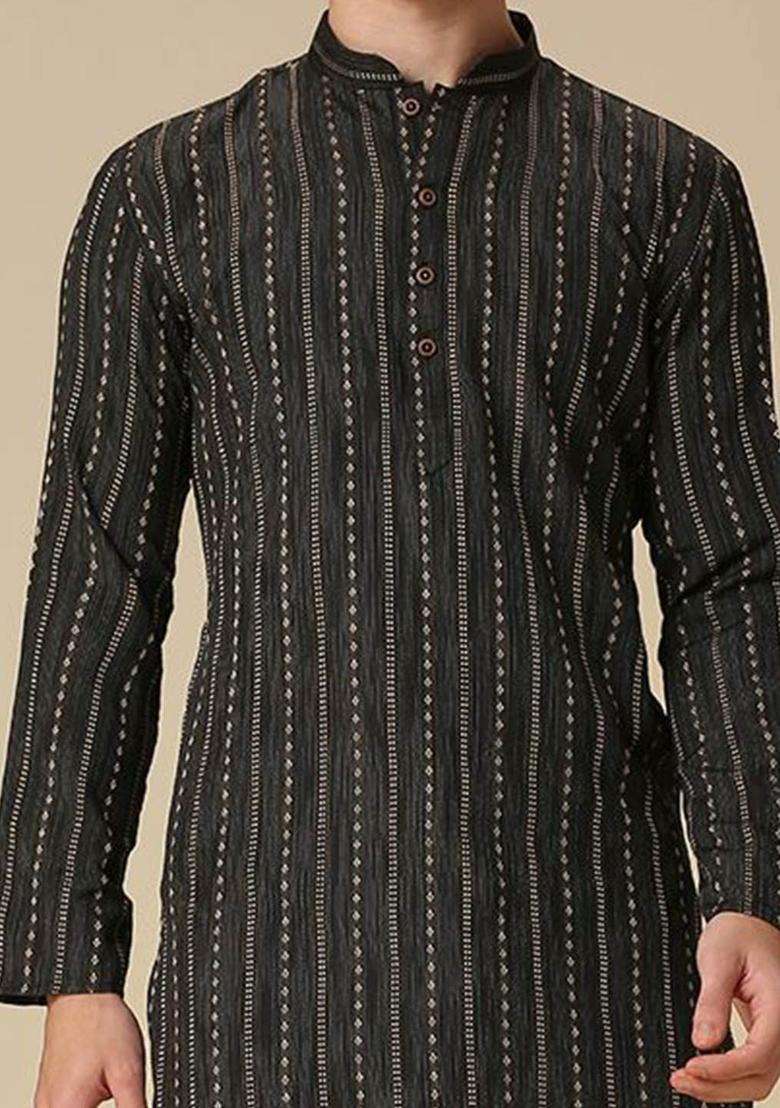 Black Striped Cotton Kurta Set For Men - Indya