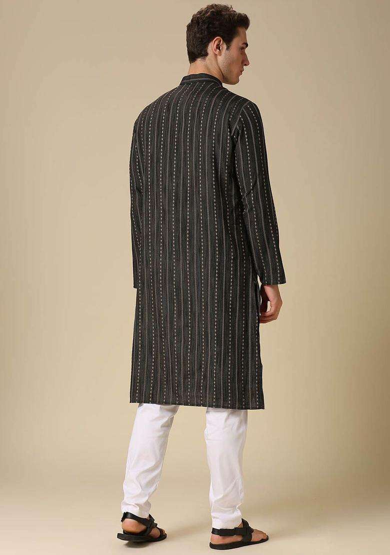 Black Striped Cotton Kurta Set For Men - Indya