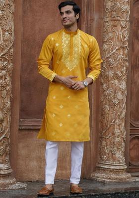 Yellow Embroidered Cotton Kurta Set For Men