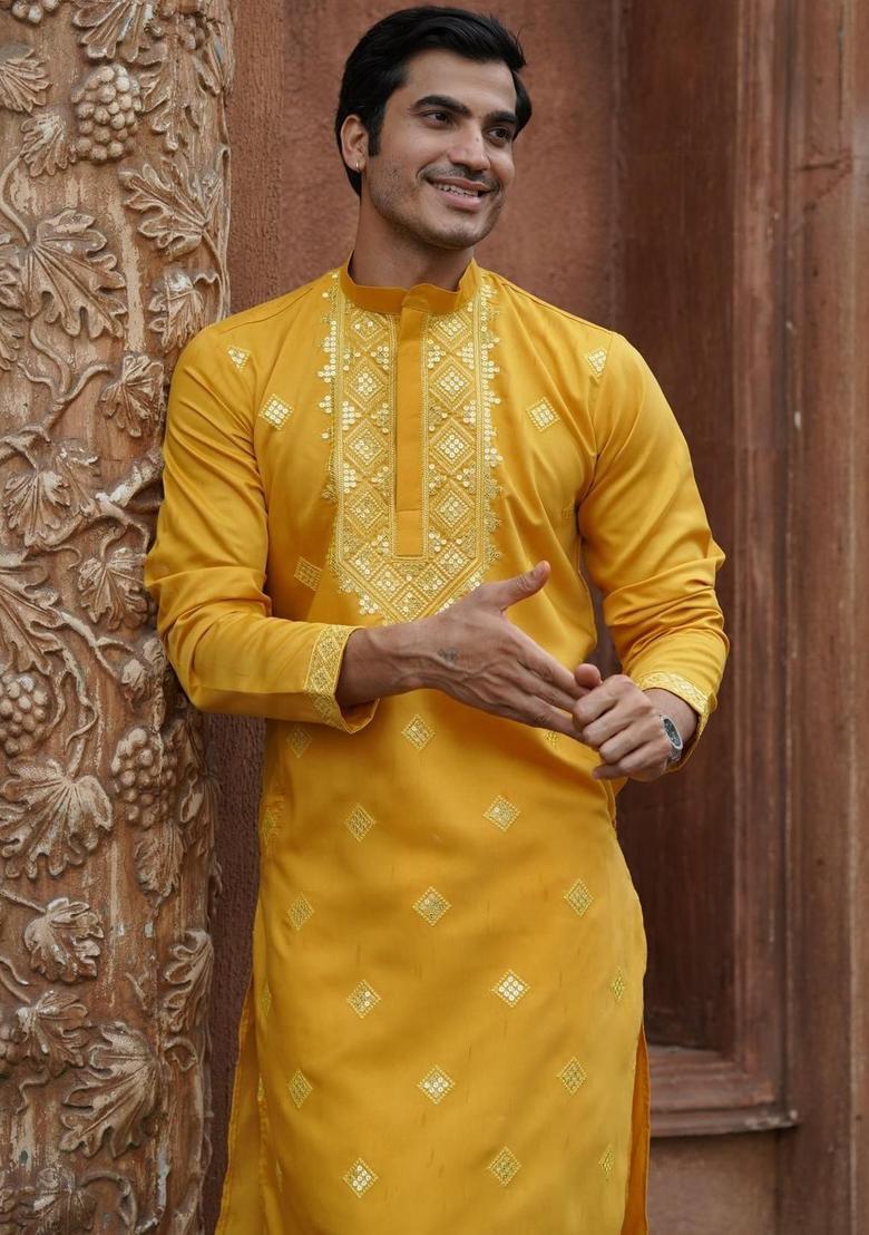 Yellow Embroidered Cotton Kurta Set For Men - Indya