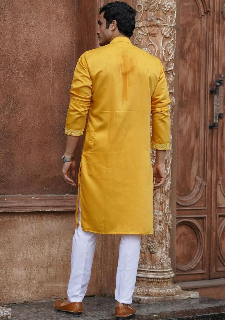 Yellow Embroidered Cotton Kurta Set For Men - Indya