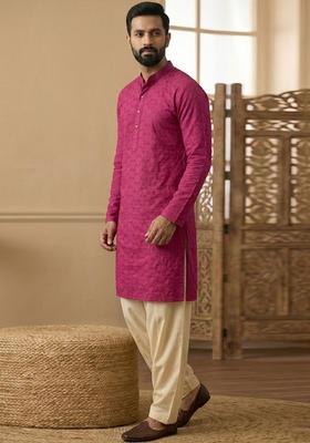 Maroon Embroidered Cotton Kurta Set For Men