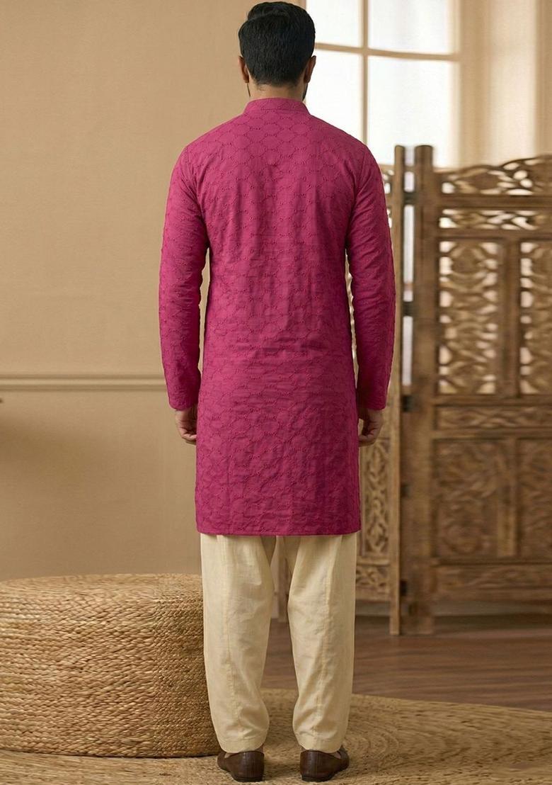 Maroon Embroidered Cotton Kurta Set For Men - Indya