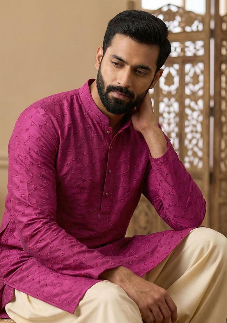 Maroon Embroidered Cotton Kurta Set For Men - Indya