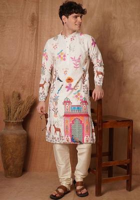 Off White Embroidered Cotton Kurta Set For Men