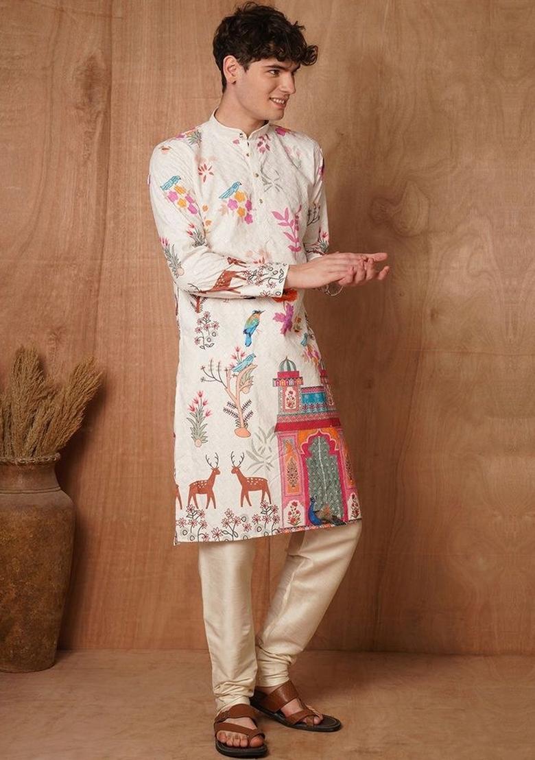 Off White Embroidered Cotton Kurta Set For Men - Indya