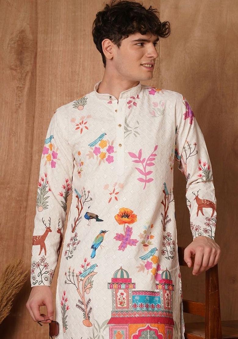 Off White Embroidered Cotton Kurta Set For Men - Indya