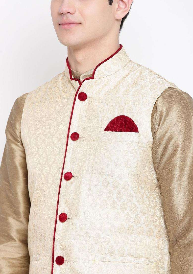 Gold Solid Silk Kurta Set For Men - Indya