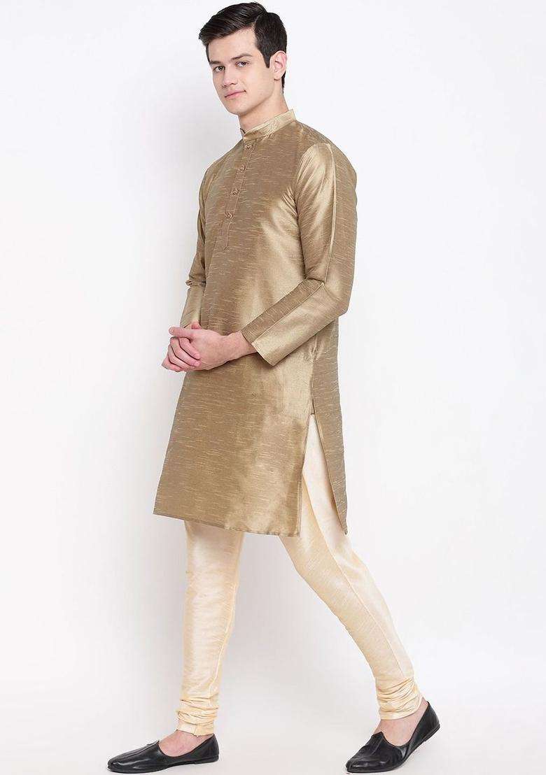 Gold Solid Silk Kurta Set For Men - Indya