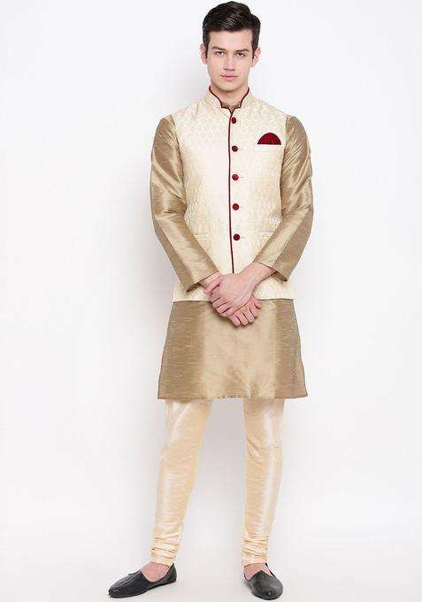 Gold Solid Silk Blend Kurta Set For Men