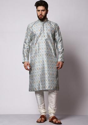 Green Embroidered Silk Kurta Set For Men