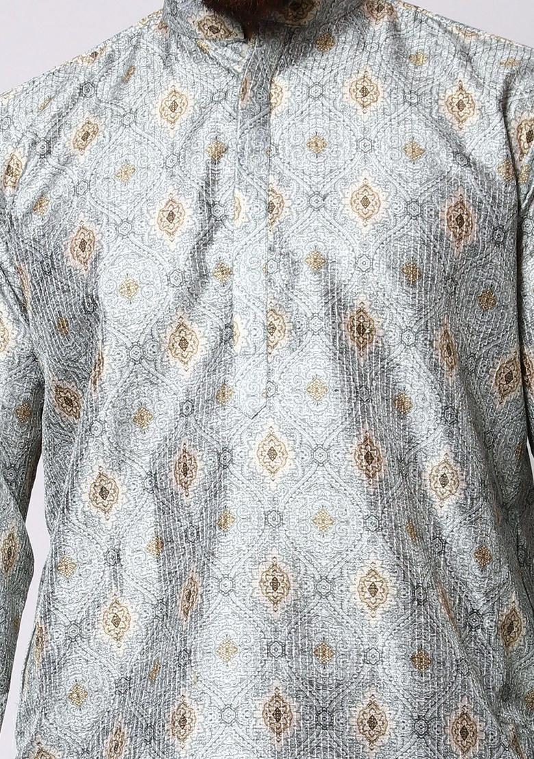 Green Embroidered Silk Kurta Set For Men - Indya