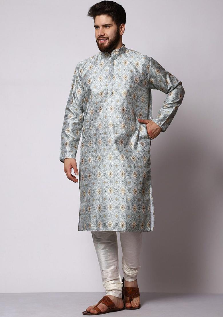 Green Embroidered Silk Kurta Set For Men - Indya