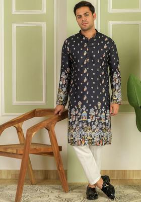 Black Printed Viscose Kurta Set For Men
