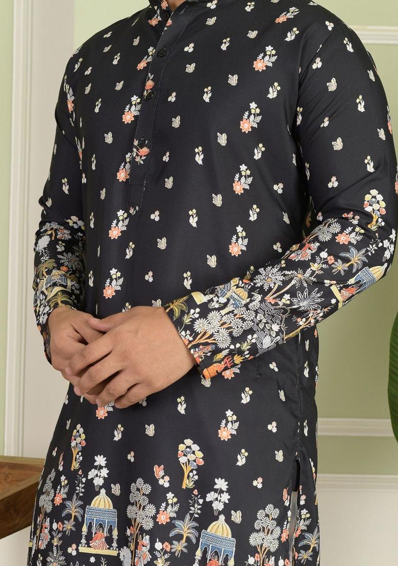 Black Printed Viscose Kurta Set For Men - Indya
