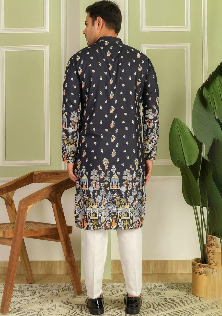 Black Printed Viscose Kurta Set For Men - Indya