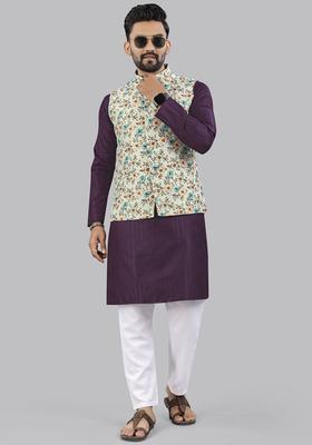 Purple Printed Cotton Kurta Set For Men