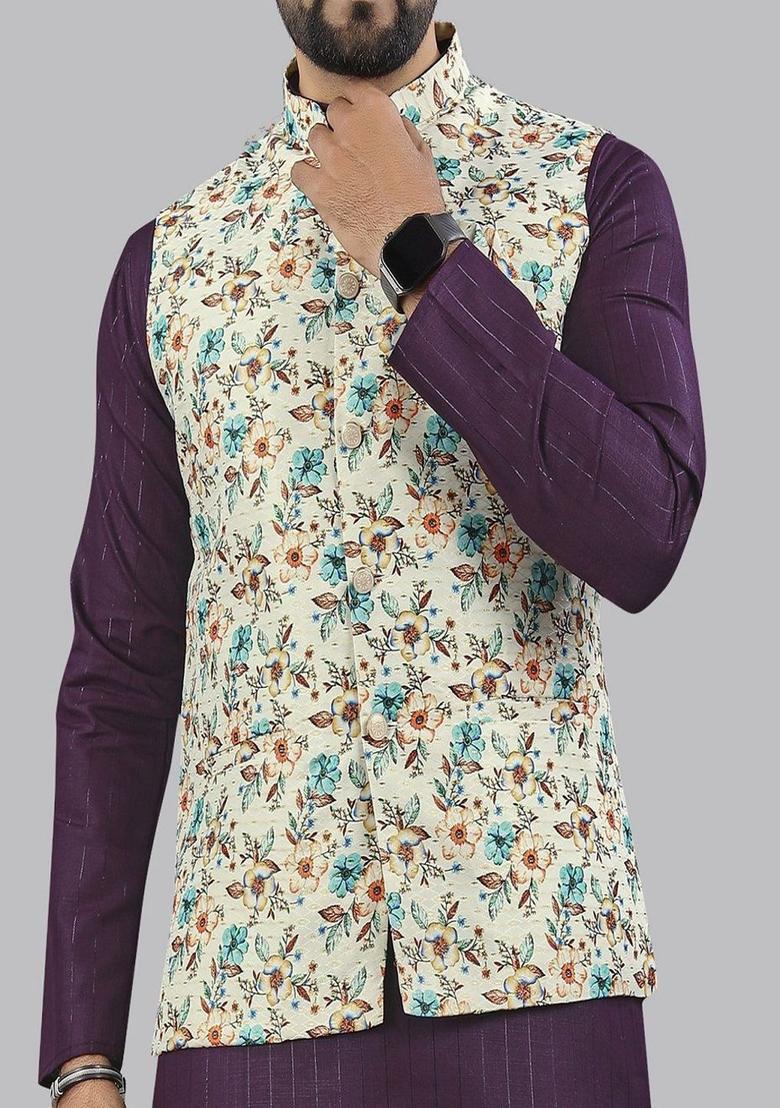 Purple Printed Cotton Kurta Set For Men - Indya