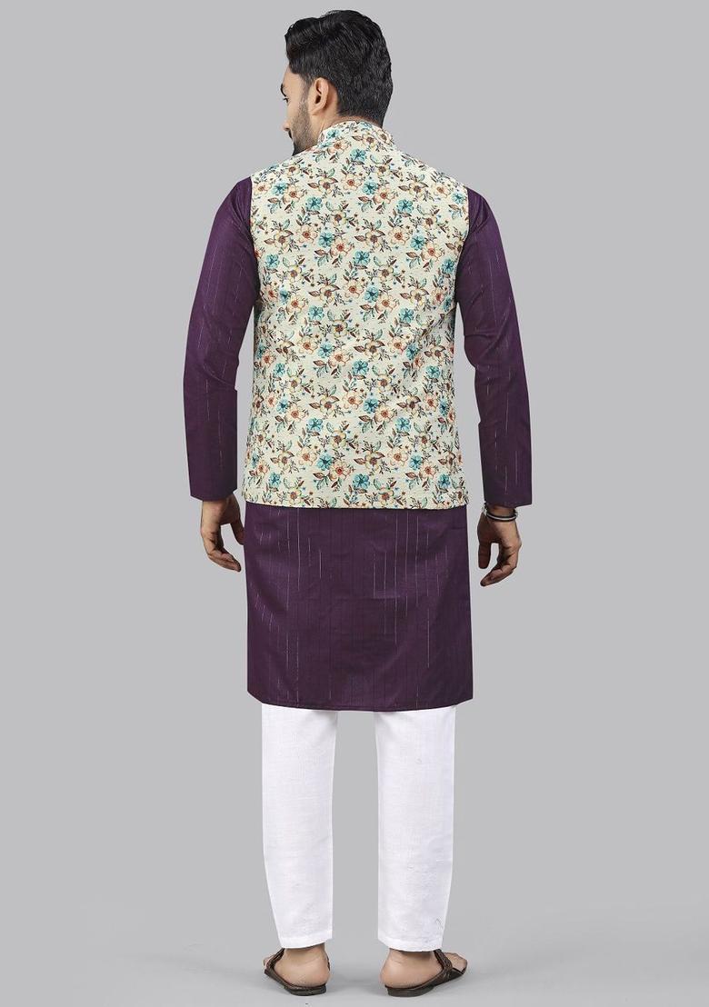 Purple Printed Cotton Kurta Set For Men - Indya
