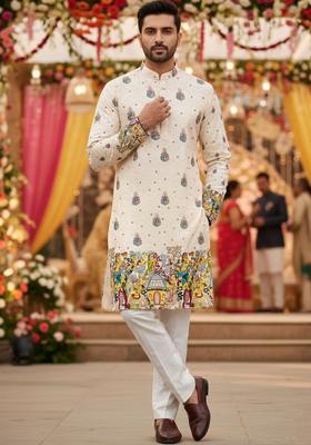 Beige Embroidered Cotton Kurta Set For Men