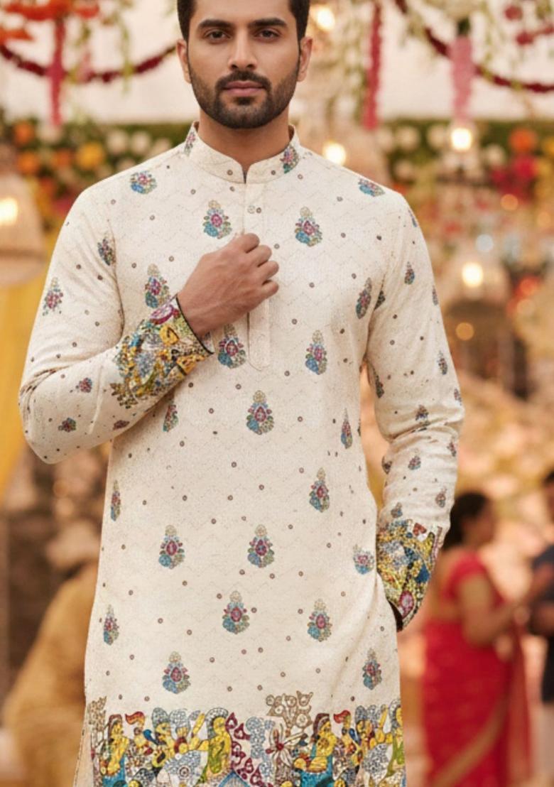 Beige Embroidered Cotton Kurta Set For Men - Indya