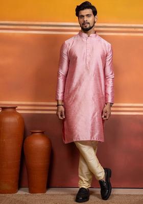 Pink Woven Design Silk Kurta Set For Men