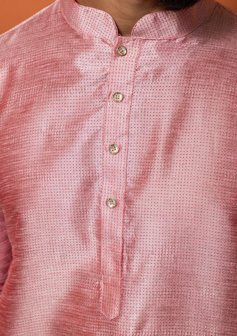 Pink Woven Design Silk Kurta Set For Men - Indya