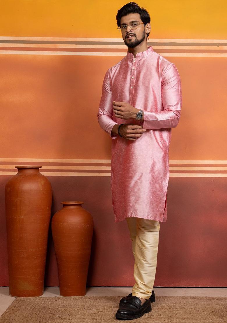 Pink Woven Design Silk Kurta Set For Men - Indya