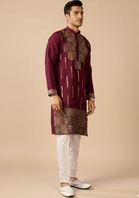 Maroon Embroidered Cotton Kurta Set For Men