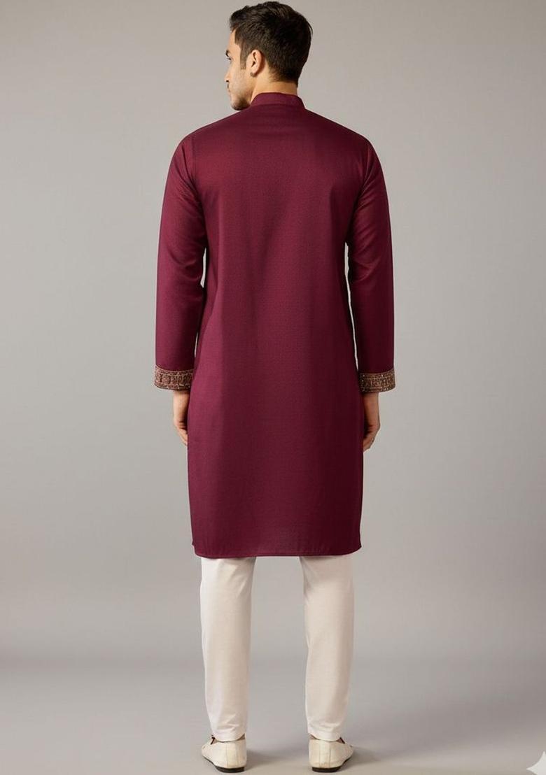 Maroon Embroidered Cotton Kurta Set For Men - Indya