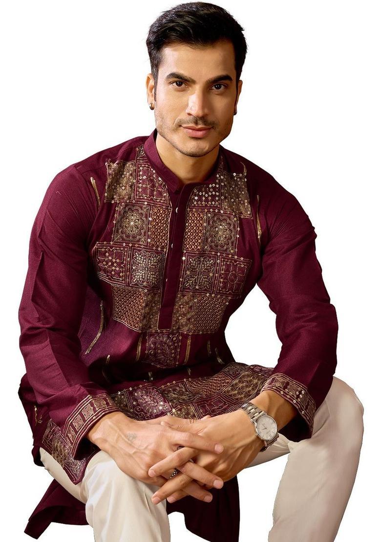 Maroon Embroidered Cotton Kurta Set For Men - Indya