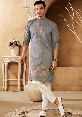 Grey Embroidered Cotton Kurta Set For Men