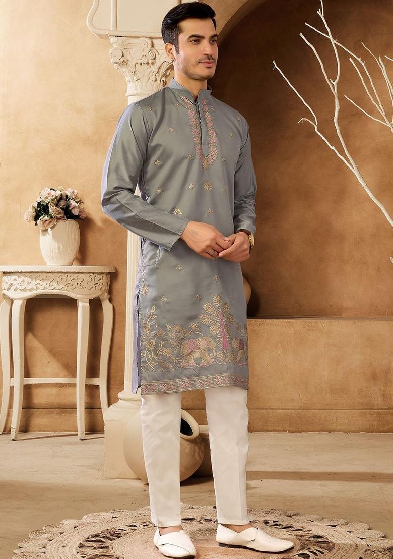 Grey Embroidered Cotton Kurta Set For Men - Indya