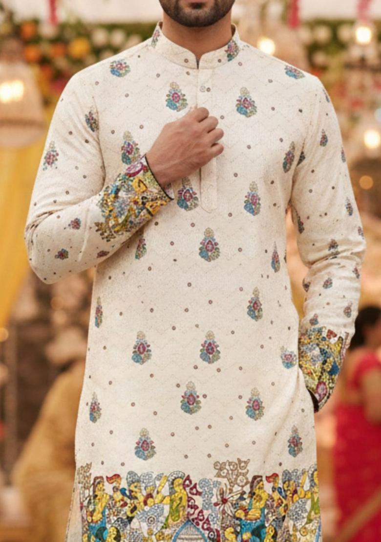 Beige Embroidered Cotton Kurta Set For Men - Indya