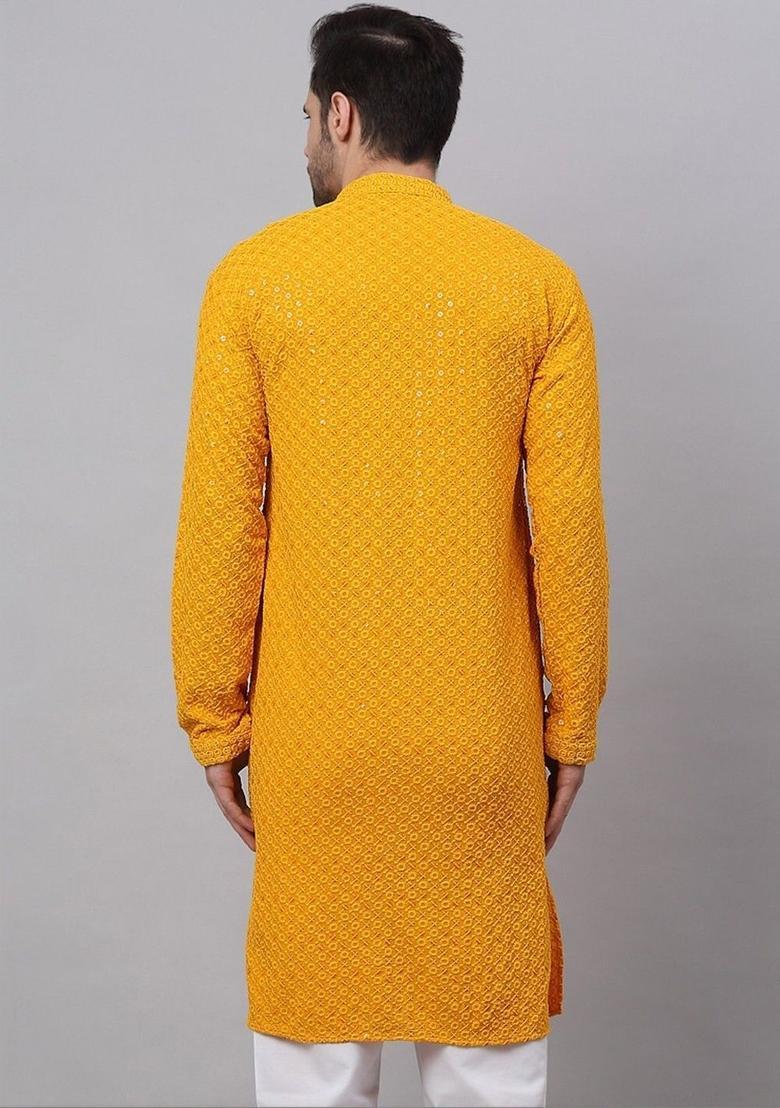 Yellow Embroidered Viscose Kurta Set For Men - Indya