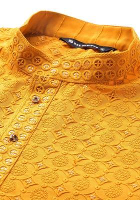 Mustard Embroidered Viscose Kurta Set For Men