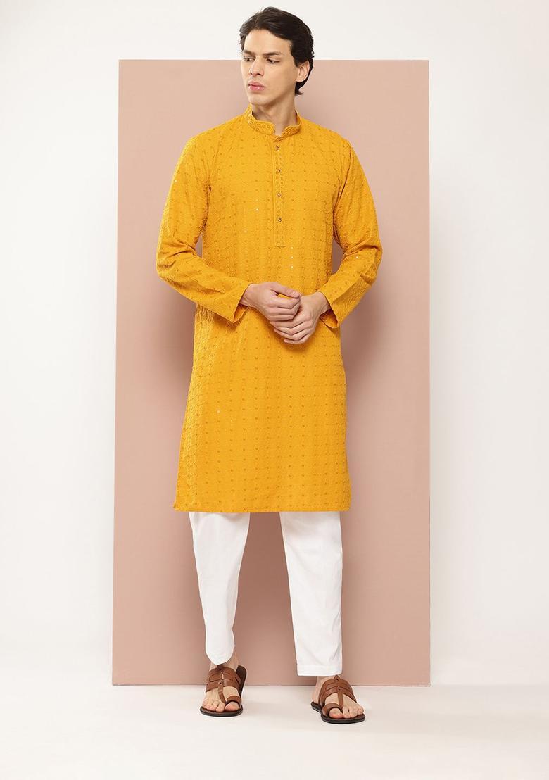 Mustard Embroidered Viscose Kurta Set For Men - Indya