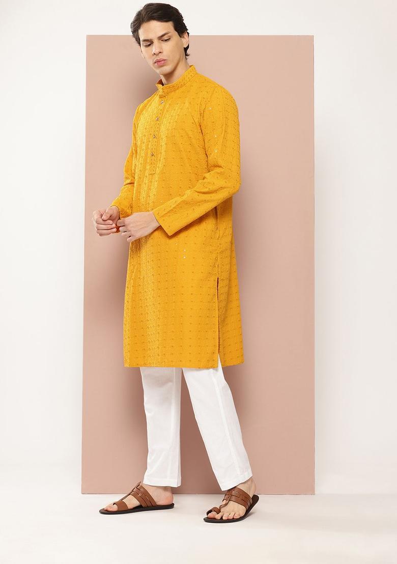 Mustard Embroidered Viscose Kurta Set For Men - Indya