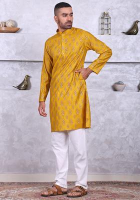 Yellow Embroidered Cotton Kurta Set For Men
