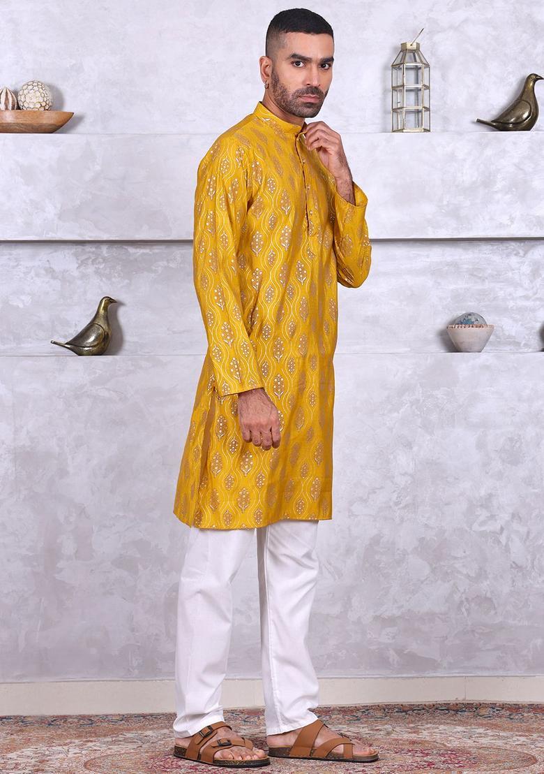 Yellow Embroidered Cotton Kurta Set For Men - Indya