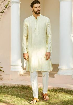 Off White Woven Design Silk Kurta Set For Men