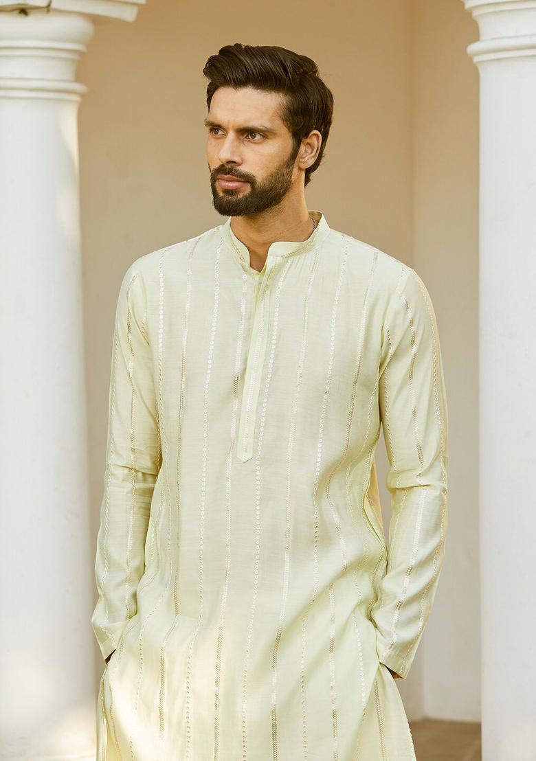 Off White Woven Design Silk Kurta Set For Men - Indya