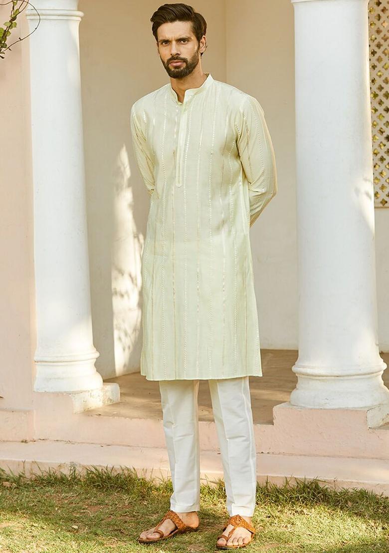 Off White Woven Design Silk Kurta Set For Men - Indya
