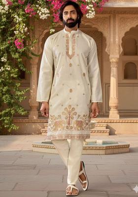 Off White Embroidered Cotton Kurta Set For Men