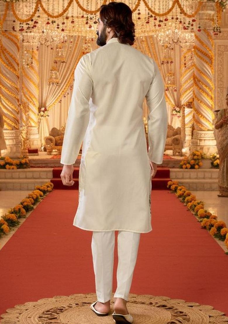Off White Embroidered Cotton Kurta Set For Men - Indya