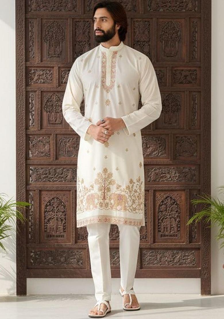 Off White Embroidered Cotton Kurta Set For Men - Indya