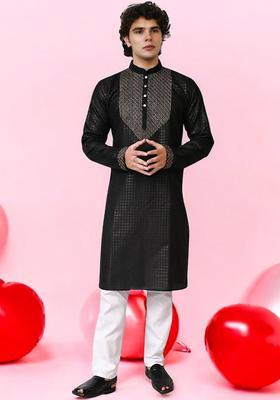 Black Woven Design Silk Kurta Set For Men